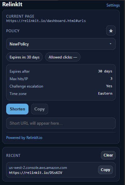 Relinkit Chrome Extension interface showing URL shortening with policy configuration and recent links